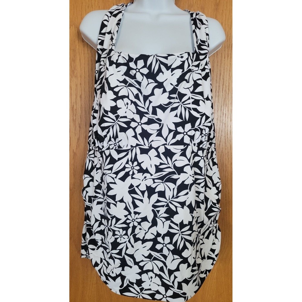 Lands' End Black White 26W Halter Tankini Top Swim Ruched Floral 26W S673